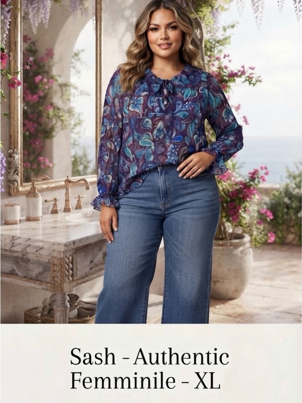Sash Authentic Femminile Blue Floral Tie-Neck Blouse - XL